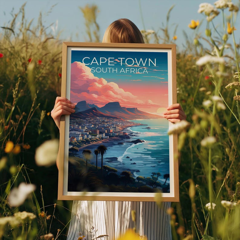 Cape Town Poster, South Africa Travel Print, Table Mountain Art, Coastal Illustration, Landscape Poster, Home Decor, Birthday Gift