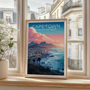 Cape Town Poster, South Africa Travel Print, Table Mountain Art, Coastal Illustration, Landscape Poster, Home Decor, Birthday Gift