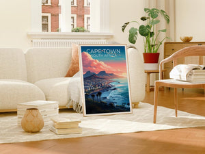Cape Town Poster, South Africa Travel Print, Table Mountain Art, Coastal Illustration, Landscape Poster, Home Decor, Birthday Gift