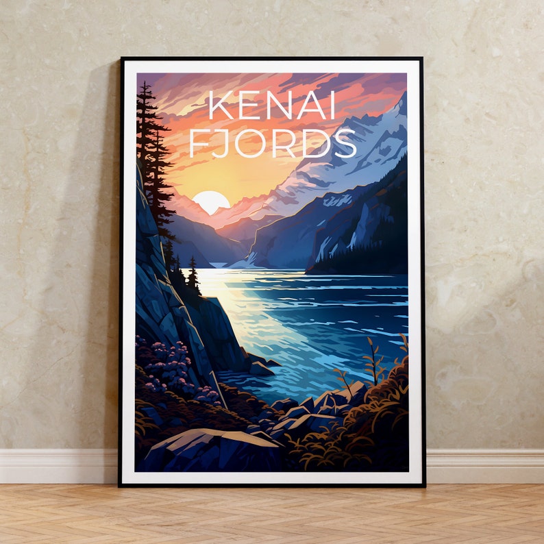 Affiche de voyage sur les fjords de Kenai, art mural sur l'Alaska, impression sur l'Alaska, affiche sur les fjords de Kenai, affiche sur l'Alaska, impression sur les fjords de Kenai, art sur les fjords de Kenai