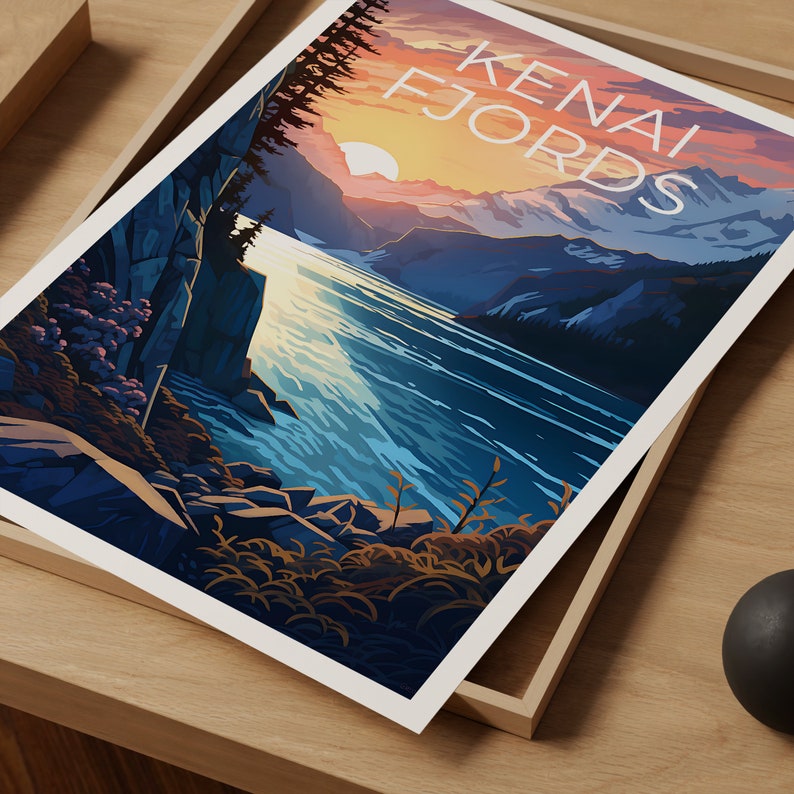 Affiche de voyage sur les fjords de Kenai, art mural sur l'Alaska, impression sur l'Alaska, affiche sur les fjords de Kenai, affiche sur l'Alaska, impression sur les fjords de Kenai, art sur les fjords de Kenai