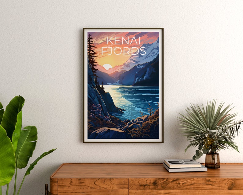 Affiche de voyage sur les fjords de Kenai, art mural sur l'Alaska, impression sur l'Alaska, affiche sur les fjords de Kenai, affiche sur l'Alaska, impression sur les fjords de Kenai, art sur les fjords de Kenai