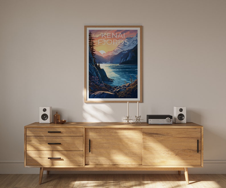 Affiche de voyage sur les fjords de Kenai, art mural sur l'Alaska, impression sur l'Alaska, affiche sur les fjords de Kenai, affiche sur l'Alaska, impression sur les fjords de Kenai, art sur les fjords de Kenai