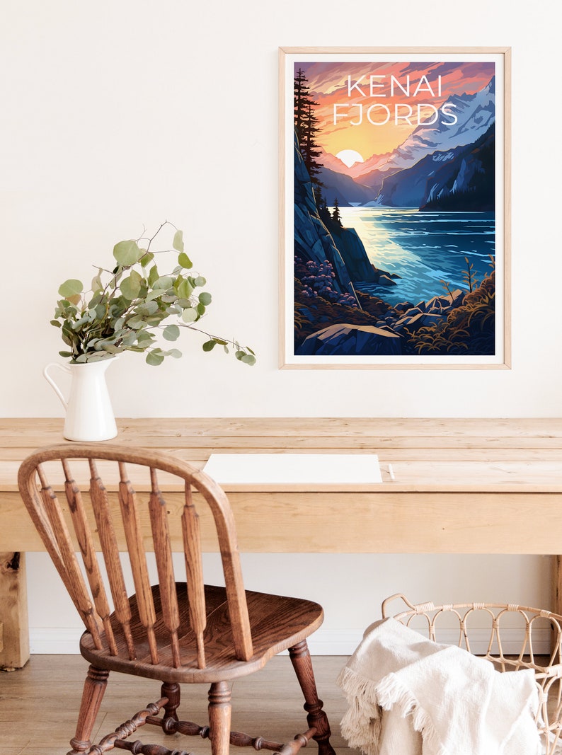 Affiche de voyage sur les fjords de Kenai, art mural sur l'Alaska, impression sur l'Alaska, affiche sur les fjords de Kenai, affiche sur l'Alaska, impression sur les fjords de Kenai, art sur les fjords de Kenai