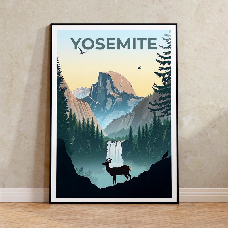 Yosemite National Park Poster, Forest Deer Print, California Art, Mountain Illustration, Landscape Poster, Home Decor, Birthday Gift