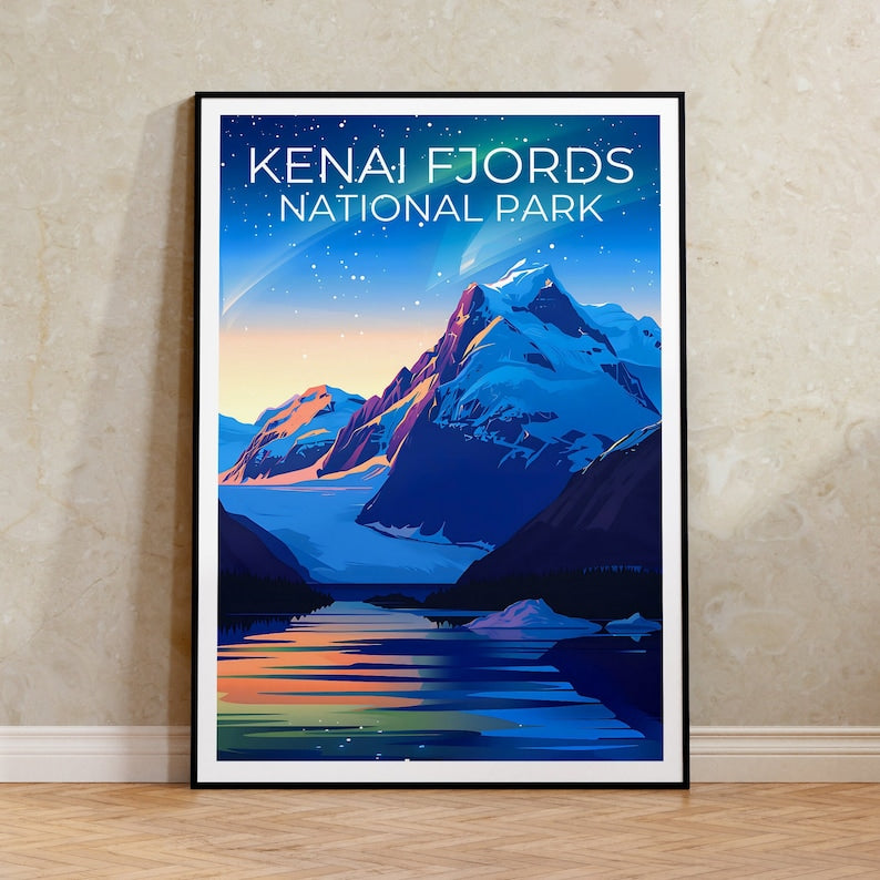 Affiche de voyage des fjords de Kenai, impression des fjords de Kenai, affiche de l'Alaska, impression de l'Alaska, affiche des parcs nationaux, cadeau de randonnée