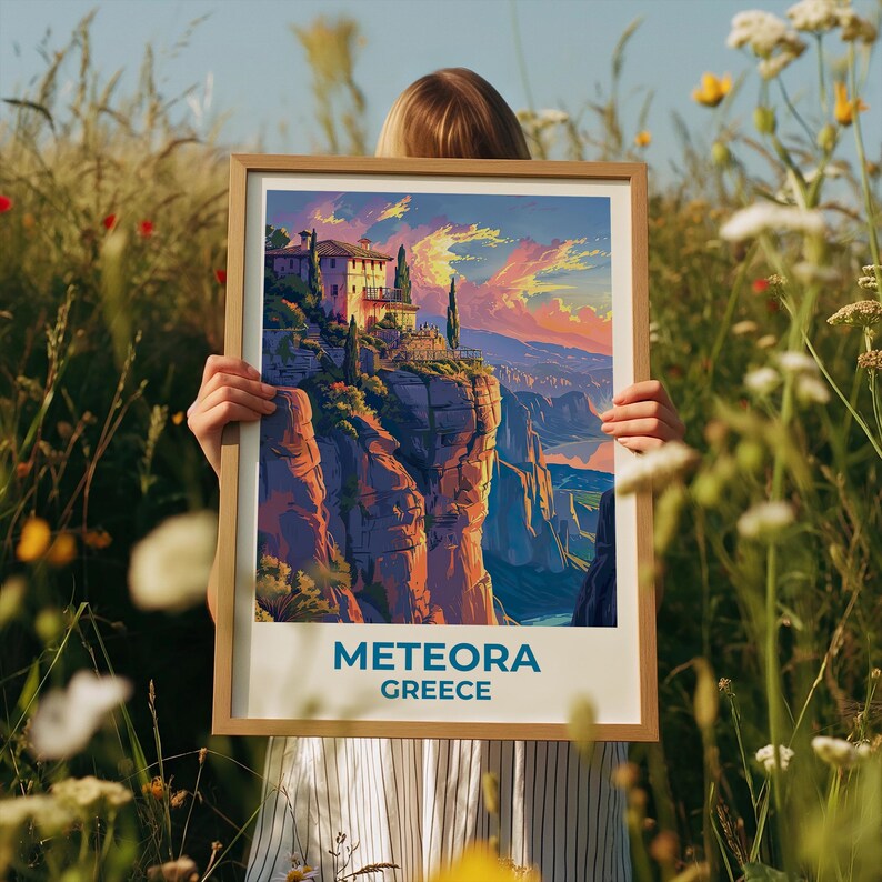 Meteora Travel Print, Greece Poster, Monastery Wall Art, Cliffside Illustration, Meteora Poster, Home Decor, Birthday Gift