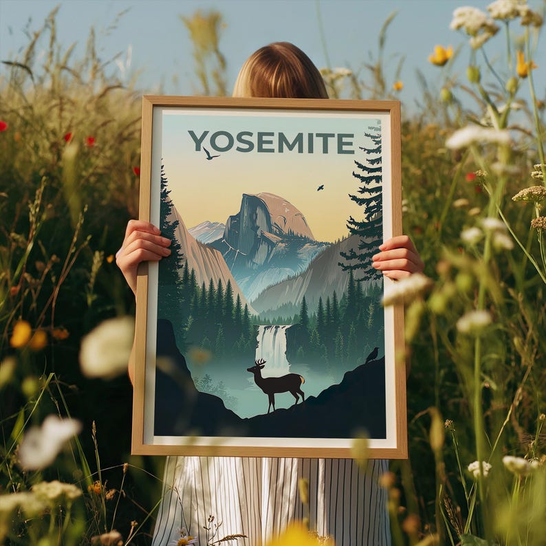 Yosemite National Park Poster, Forest Deer Print, California Art, Mountain Illustration, Landscape Poster, Home Decor, Birthday Gift