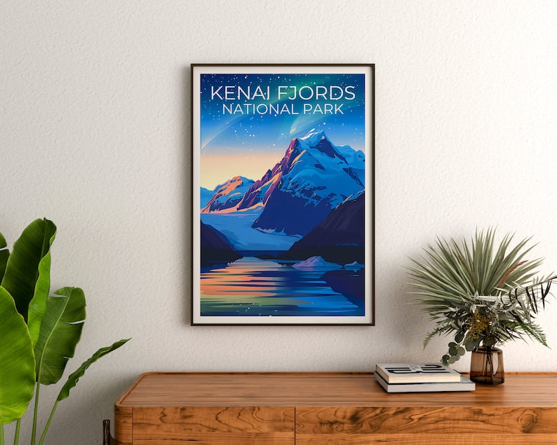 Affiche de voyage des fjords de Kenai, impression des fjords de Kenai, affiche de l'Alaska, impression de l'Alaska, affiche des parcs nationaux, cadeau de randonnée