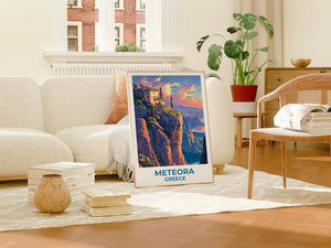 Meteora Travel Print, Greece Poster, Monastery Wall Art, Cliffside Illustration, Meteora Poster, Home Decor, Birthday Gift