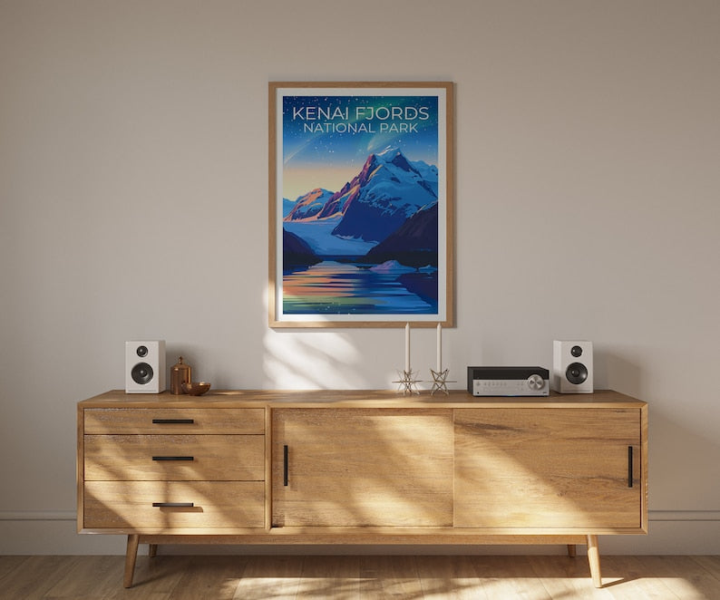Affiche de voyage des fjords de Kenai, impression des fjords de Kenai, affiche de l'Alaska, impression de l'Alaska, affiche des parcs nationaux, cadeau de randonnée