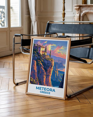 Meteora Travel Print, Greece Poster, Monastery Wall Art, Cliffside Illustration, Meteora Poster, Home Decor, Birthday Gift