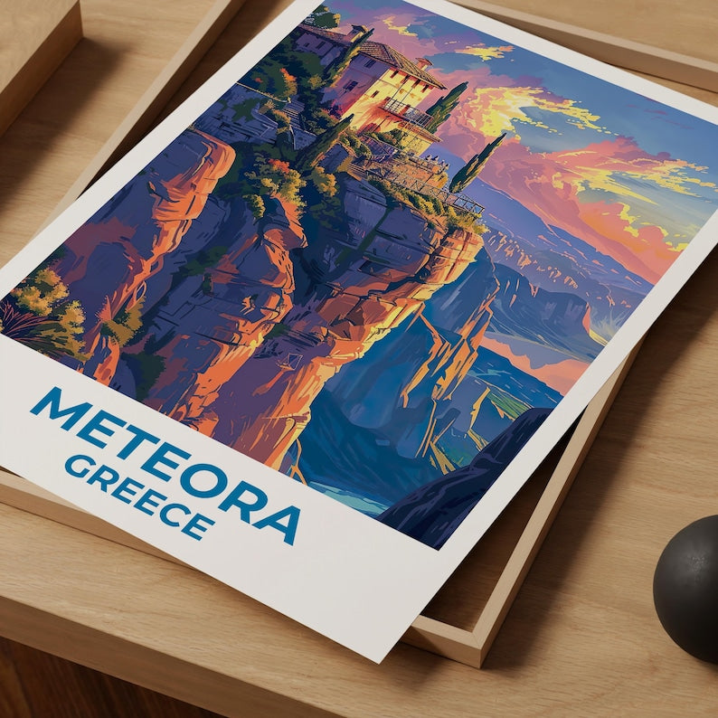Meteora Travel Print, Greece Poster, Monastery Wall Art, Cliffside Illustration, Meteora Poster, Home Decor, Birthday Gift