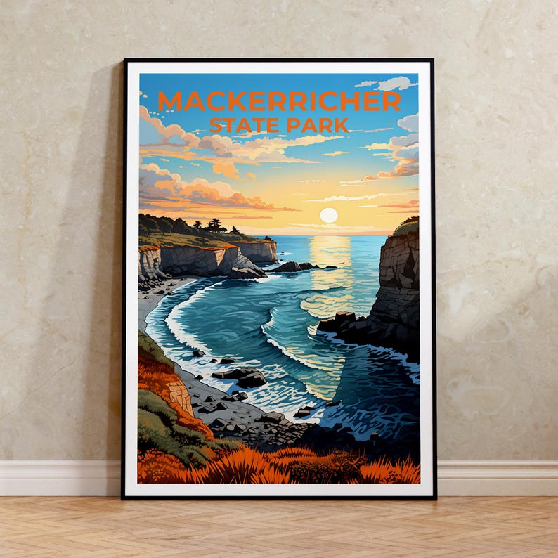 Affiche de voyage du parc d'État MacKerricher, art mural de Californie, impression de Californie, affiche du parc d'État MacKerricher, affiche de Californie