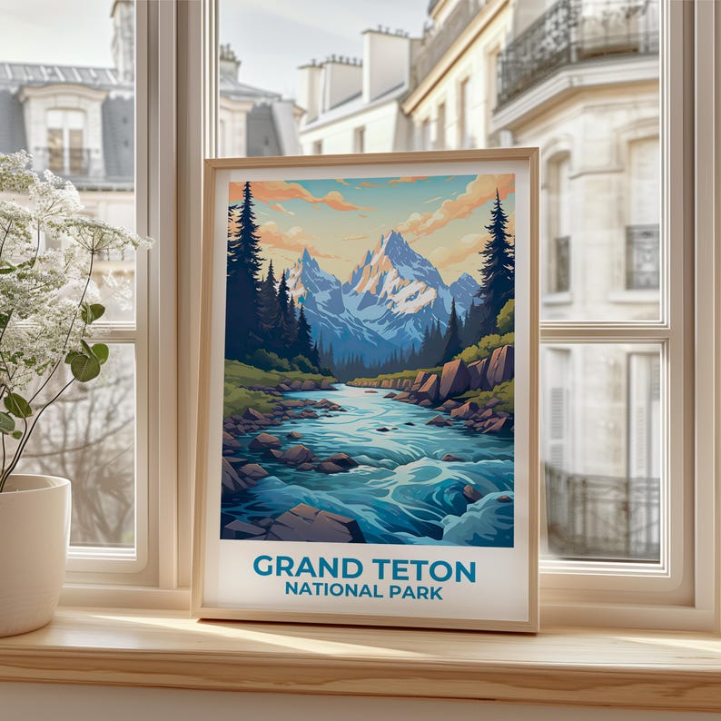 Grand Teton Travel Print Wyoming Poster National Park Wall Art Mountain Illustration Grand Teton Poster Home Decor Birthday Gift