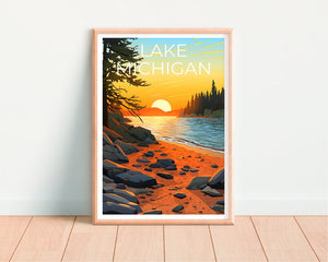 Affiche de voyage du lac Michigan, art mural du Michigan, impression du Michigan, affiche du lac Michigan, affiche du Michigan, impression du lac Michigan