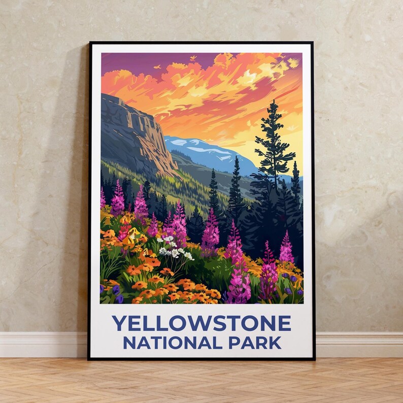 Yellowstone National Park Poster, Wyoming Travel Print, Flowers Art, Mountain Illustration, Landscape Poster, Home Decor, Birthday Gift