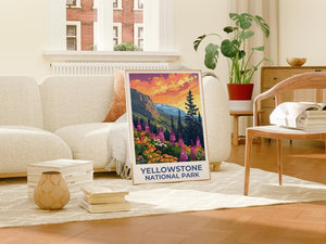 Yellowstone National Park Poster, Wyoming Travel Print, Flowers Art, Mountain Illustration, Landscape Poster, Home Decor, Birthday Gift