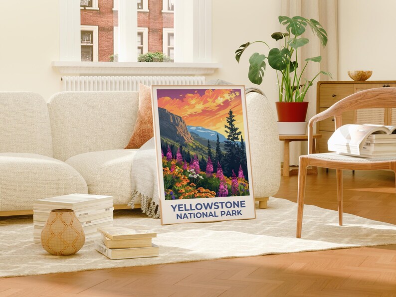 Yellowstone National Park Poster, Wyoming Travel Print, Flowers Art, Mountain Illustration, Landscape Poster, Home Decor, Birthday Gift