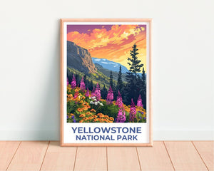 Yellowstone National Park Poster, Wyoming Travel Print, Flowers Art, Mountain Illustration, Landscape Poster, Home Decor, Birthday Gift