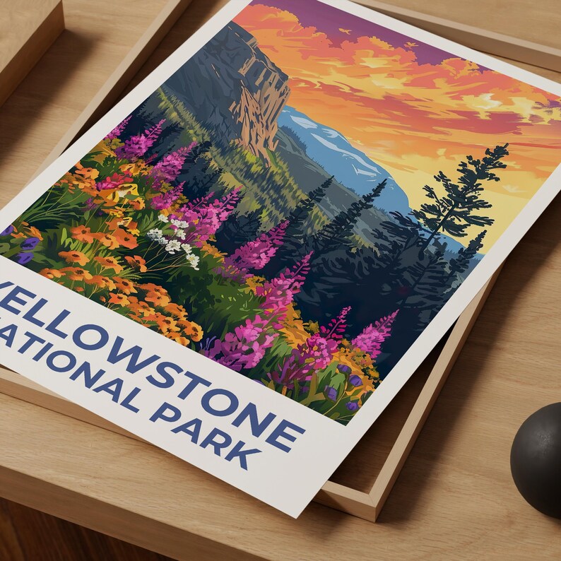 Yellowstone National Park Poster, Wyoming Travel Print, Flowers Art, Mountain Illustration, Landscape Poster, Home Decor, Birthday Gift