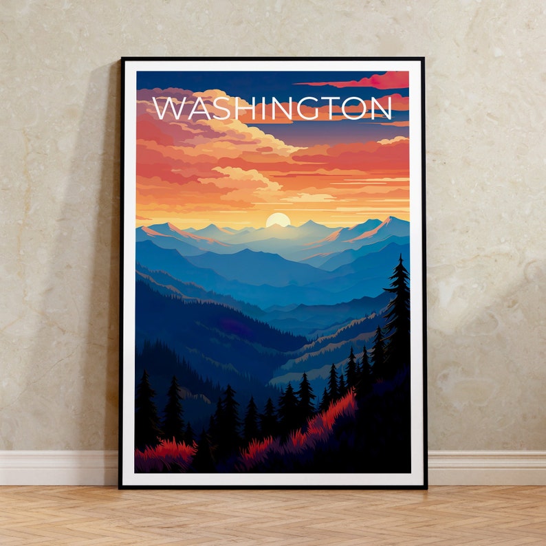 Washington Travel Poster, Mountain Wall Art, Mountain Print, Washington Poster, Washington State Poster, Washington State Print
