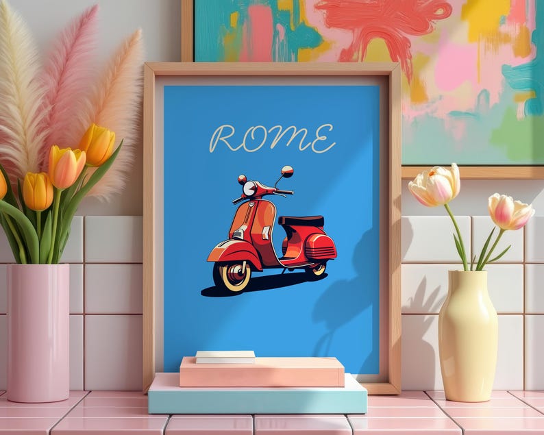 Italy Vespa Poster, Rome Travel Print, Italy Art, Europe Illustration, Minimalist Poster, Scenic Wall Art, Home Decor, Birthday Gift