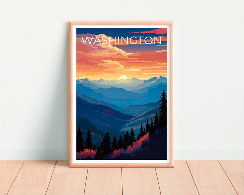 Washington Travel Poster, Mountain Wall Art, Mountain Print, Washington Poster, Washington State Poster, Washington State Print