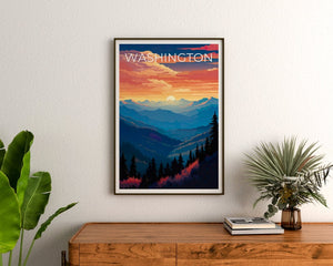Washington Travel Poster, Mountain Wall Art, Mountain Print, Washington Poster, Washington State Poster, Washington State Print