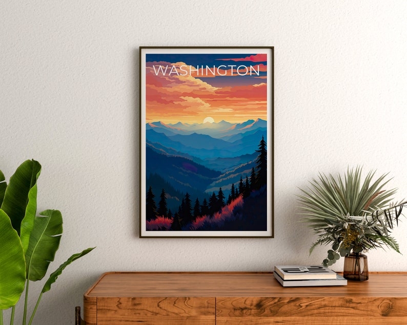 Washington Travel Poster, Mountain Wall Art, Mountain Print, Washington Poster, Washington State Poster, Washington State Print