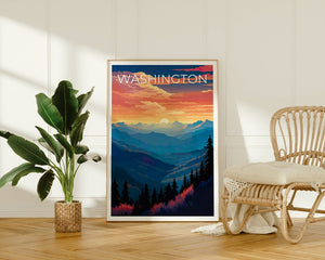 Washington Travel Poster, Mountain Wall Art, Mountain Print, Washington Poster, Washington State Poster, Washington State Print