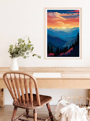 Washington Travel Poster, Mountain Wall Art, Mountain Print, Washington Poster, Washington State Poster, Washington State Print