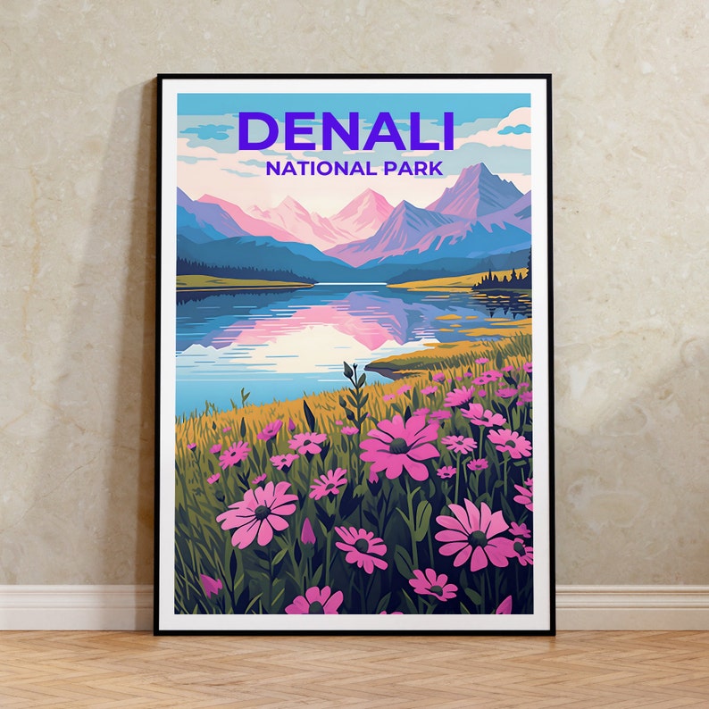Affiche de voyage Denali, art mural de l'Alaska, impression de l'Alaska, affiche Denali, affiche de fleurs, affiche de la nature, art Denali