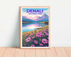 Affiche de voyage Denali, art mural de l'Alaska, impression de l'Alaska, affiche Denali, affiche de fleurs, affiche de la nature, art Denali