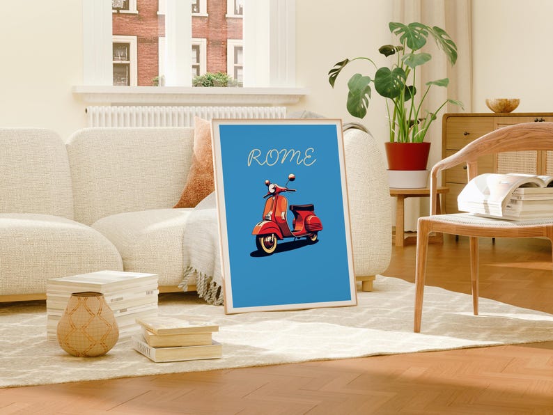Italy Vespa Poster, Rome Travel Print, Italy Art, Europe Illustration, Minimalist Poster, Scenic Wall Art, Home Decor, Birthday Gift