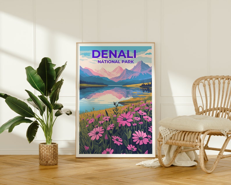 Affiche de voyage Denali, art mural de l'Alaska, impression de l'Alaska, affiche Denali, affiche de fleurs, affiche de la nature, art Denali
