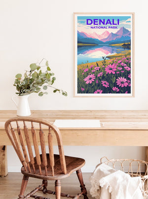 Affiche de voyage Denali, art mural de l'Alaska, impression de l'Alaska, affiche Denali, affiche de fleurs, affiche de la nature, art Denali