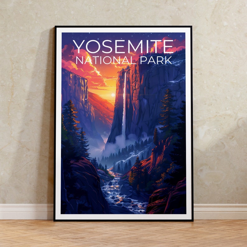 Affiche du parc national de Yosemite, impression de Yosemite, affiche de cascade, affiche de Californie, affiche de voyage en Californie, art de Yosemite, cadeau de Yosemite