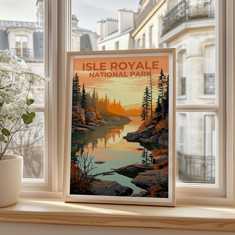 Isle Royale Travel Print Michigan Poster Forest Wall Art Great Lakes Illustration Isle Royale Poster Home Decor Birthday Gift