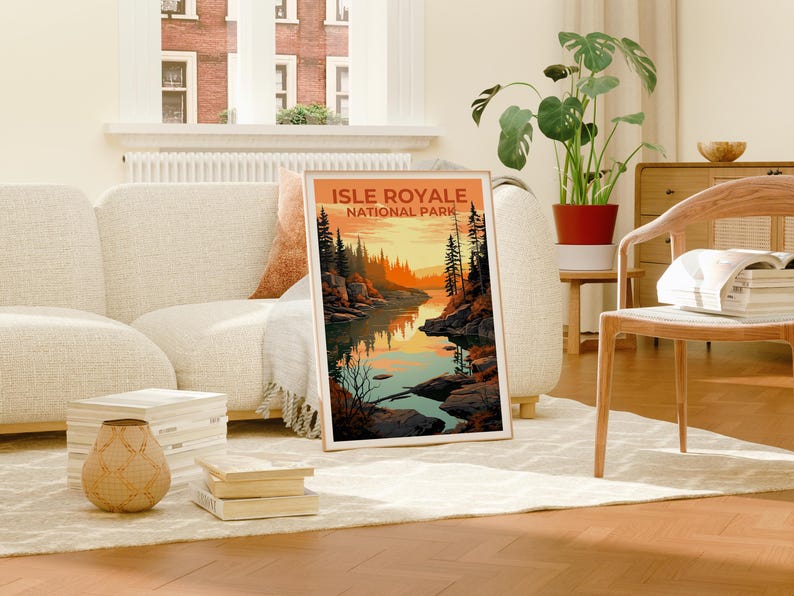 Isle Royale Travel Print Michigan Poster Forest Wall Art Great Lakes Illustration Isle Royale Poster Home Decor Birthday Gift