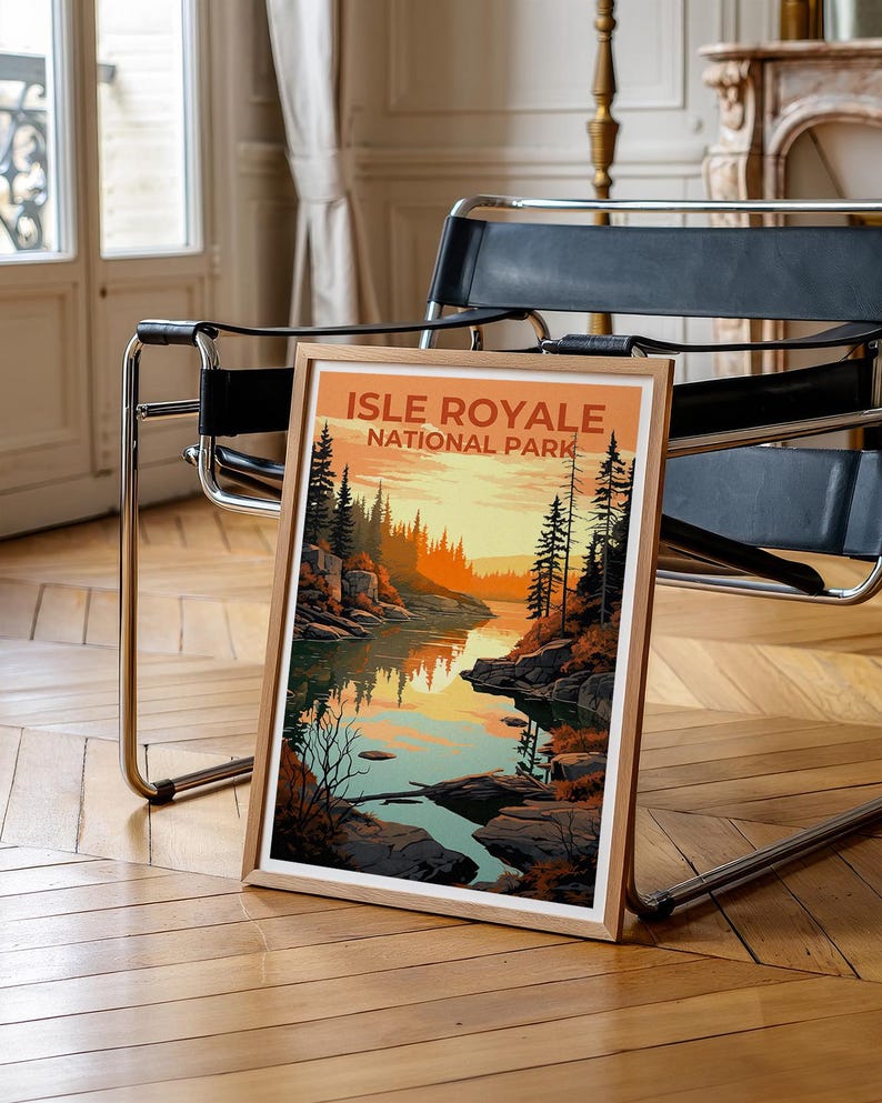Isle Royale Travel Print Michigan Poster Forest Wall Art Great Lakes Illustration Isle Royale Poster Home Decor Birthday Gift