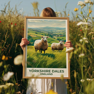 Yorkshire Dales Travel Print England Poster Rolling Hills Wall Art Sheep Illustration Yorkshire Dales Poster Home Decor Birthday Gift
