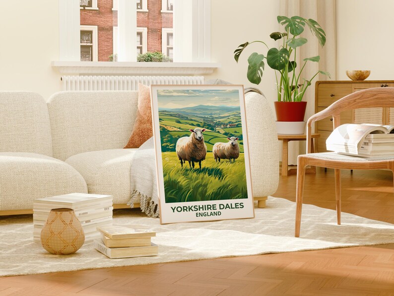 Yorkshire Dales Travel Print England Poster Rolling Hills Wall Art Sheep Illustration Yorkshire Dales Poster Home Decor Birthday Gift