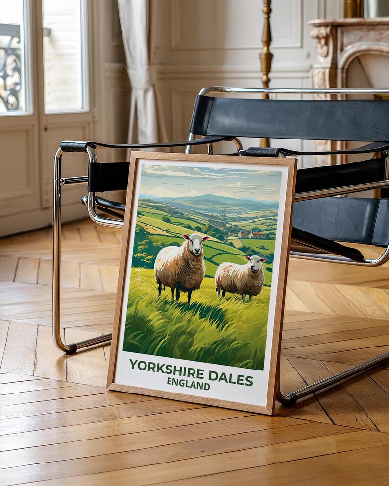 Yorkshire Dales Travel Print England Poster Rolling Hills Wall Art Sheep Illustration Yorkshire Dales Poster Home Decor Birthday Gift