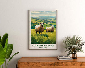 Yorkshire Dales Travel Print England Poster Rolling Hills Wall Art Sheep Illustration Yorkshire Dales Poster Home Decor Birthday Gift