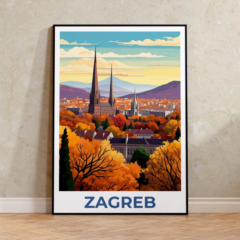 Zagreb Poster, Croatia Travel Print, European Skyline Art, Zagreb City Illustration, Landscape Poster, Home Decor, Birthday Gift