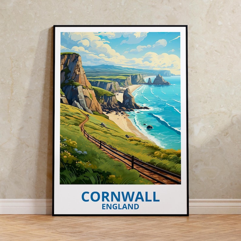 Cornwall Travel Print England Poster Cornwall Cliffs Wall Art Great Britain Illustration Coastal Landscape Poster Home Decor Birthday Gift