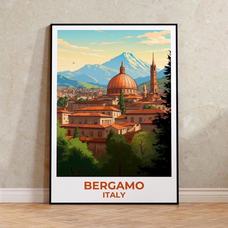 Bergamo Travel Print Italy Poster Italian City Wall Art Mountain Illustration Bergamo Poster Home Decor Birthday Gift