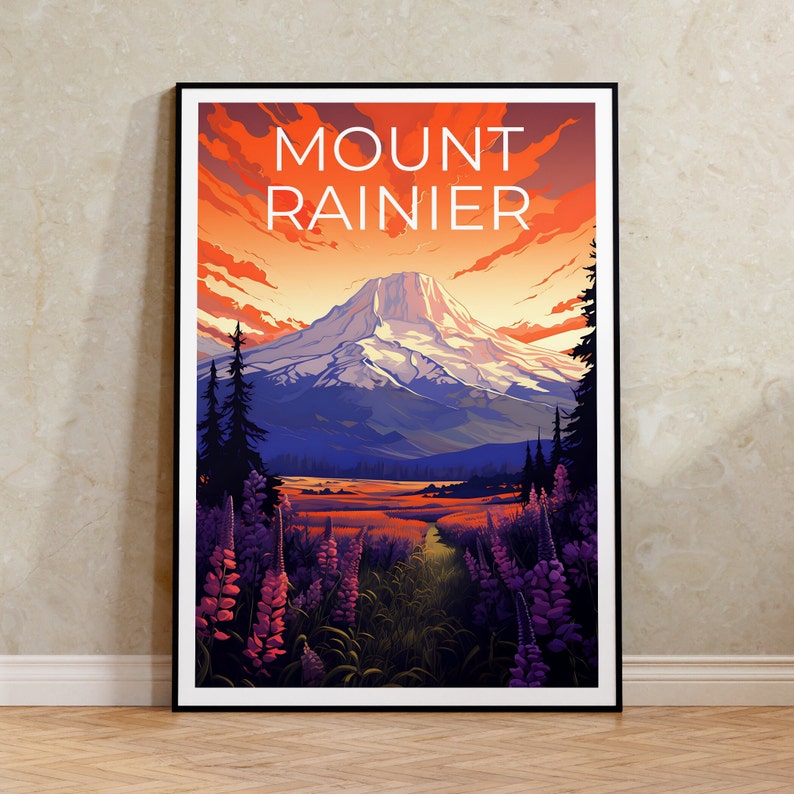 Affiche de voyage du mont Rainier, art mural de Washington, impression de Washington, affiche du mont Rainier, affiche de Washington, affiche de montagne