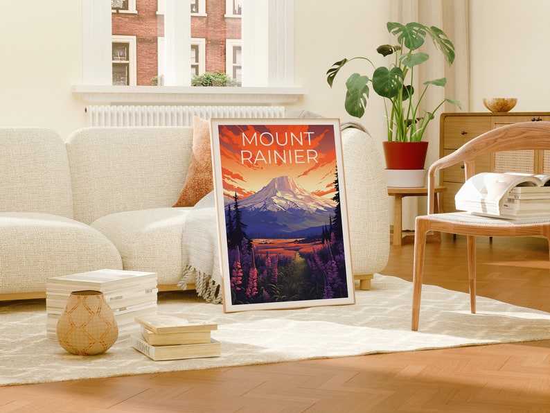 Affiche de voyage du mont Rainier, art mural de Washington, impression de Washington, affiche du mont Rainier, affiche de Washington, affiche de montagne